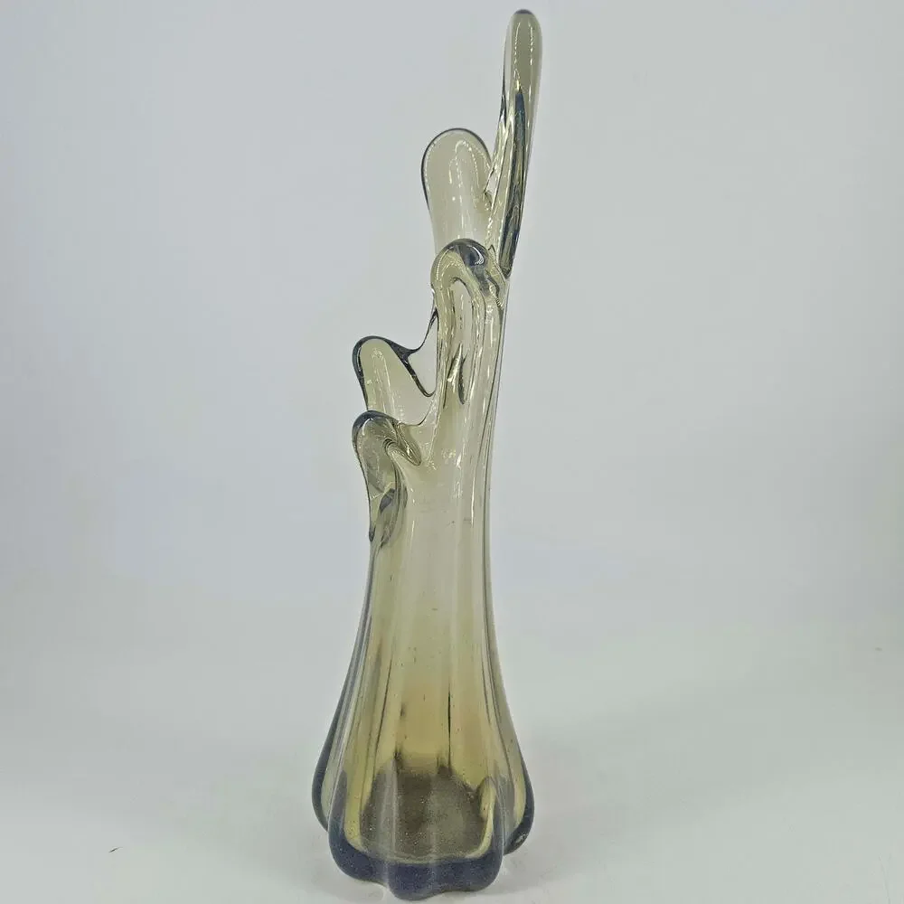 Vintage hand blown gray smoke Art Glass Swung Vase 5 finger 11